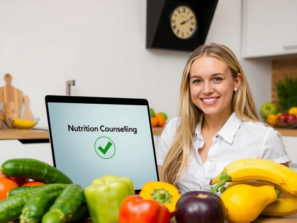 Eine lächelnde Frau, die an einem Laptop online eine Ernährungsberatung erhält, umgeben von frischem Obst und Gemüse.